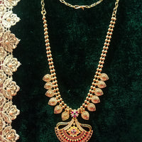 N0190_Elegant Micro Gold plated Necklace with delicate work of broad pendant studded with American Diamond stones with a touch of Precious pink & green ruby stones.