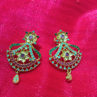 N0190_Elegant Micro Gold plated Necklace with delicate work of broad pendant studded with American Diamond stones with a touch of Precious pink & green ruby stones.