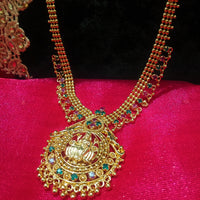 N0191_Elegant Micro Gold plated Necklace with delicate work of lakshmi design pendant studded with a touch of Precious pink & green ruby stones.
