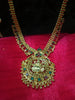 N0191_Elegant Micro Gold plated Necklace with delicate work of lakshmi design pendant studded with a touch of Precious pink & green ruby stones.
