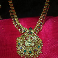 N0191_Elegant Micro Gold plated Necklace with delicate work of lakshmi design pendant studded with a touch of Precious pink & green ruby stones.
