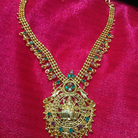 N0191_Elegant Micro Gold plated Necklace with delicate work of lakshmi design pendant studded with a touch of Precious pink & green ruby stones.