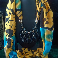 P033_Beautiful Soft mustard yellow & blue touch patterns scarf with glossy Pendants.
