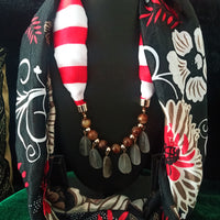 P034_Beautiful Soft red & black pattern pendant scarf with glossy beads.