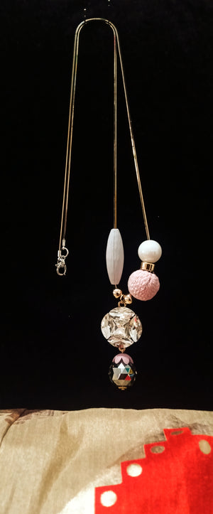 N0258_Trendy long dazzling stone work necklace with a touch of lovely beads with a woolen ball along with a sleek chain.