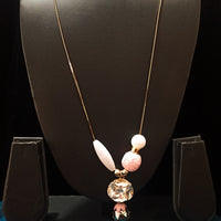 N0258_Trendy long dazzling stone work necklace with a touch of lovely beads with a woolen ball along with a sleek chain.