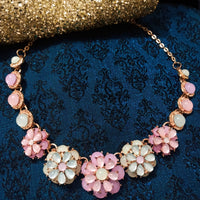 N0254_Trendy flower design necklace studded with multi color glossy stones with delicate stone work.
