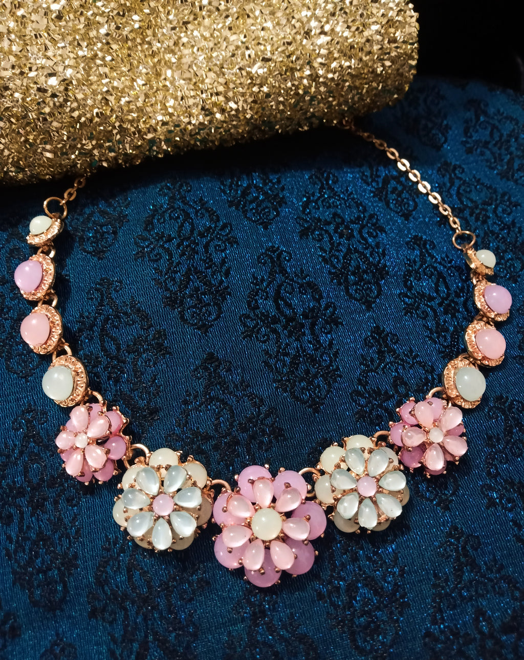 N0254_Trendy flower design necklace studded with multi color glossy stones with delicate stone work.