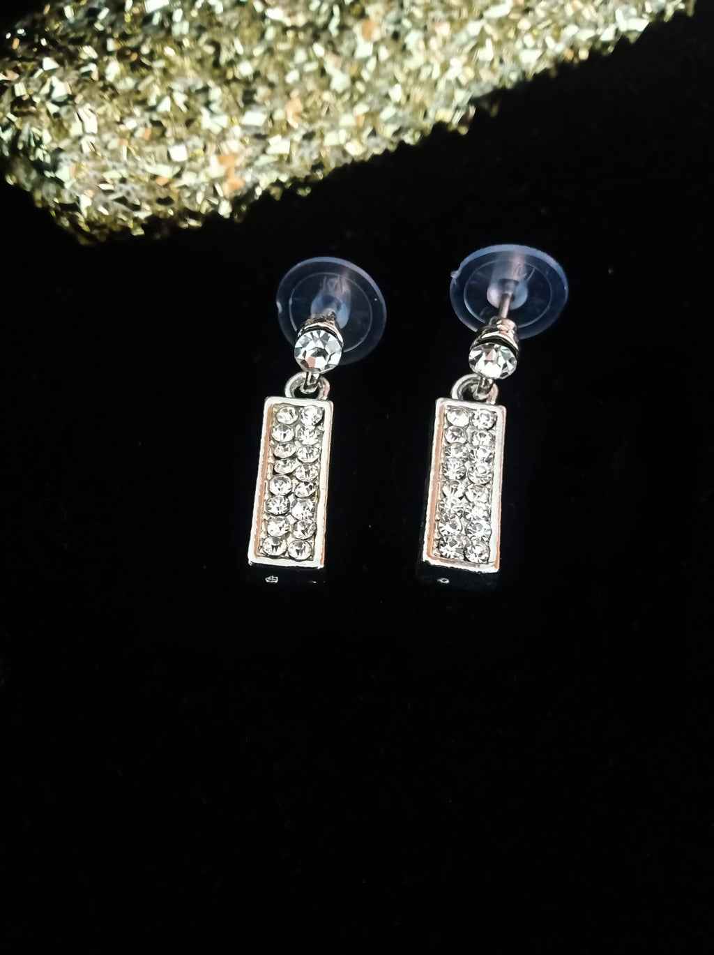 E0578_Trendy silver tone rectangular shape earring studded with dazzling stones(medium size hanging)