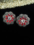 E0580_Lovely flower design studs with a touch of red & white stones.