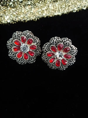 E0580_Lovely flower design studs with a touch of red & white stones.