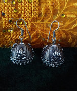 E0607_Gorgeous German Silver oxidized crafted jumkas with embossed lord Ganesh design with a touch of bead drops (medium size).