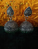 E0608_Gorgeous German Silver oxidized crafted jumkas with delicate design with a touch of green color bead drops (medium size).
