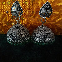 E0608_Gorgeous German Silver oxidized crafted jumkas with delicate design with a touch of green color bead drops (medium size).