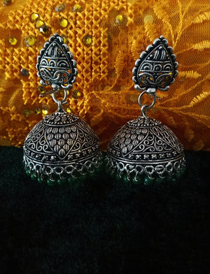 E0608_Gorgeous German Silver oxidized crafted jumkas with delicate design with a touch of green color bead drops (medium size).