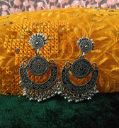 E0609_Gorgeous German Silver oxidized disc shaped crafted danglers with delicate design with a touch of bead drops (medium size).