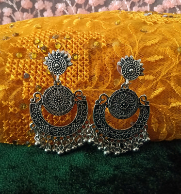 E0609_Gorgeous German Silver oxidized disc shaped crafted danglers with delicate design with a touch of bead drops (medium size).