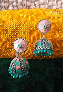 E0610_Beautiful German Silver oxidized crafted jumkas with delicate design with a touch turquoise color bead drops (medium size).