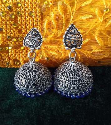 E0611_Beautiful German Silver oxidized crafted jumkas with delicate design with a touch of blue color bead drops (medium size).