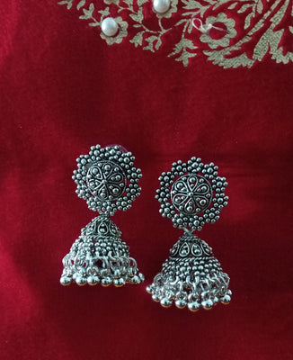 E0614_Beautiful German Silver oxidized crafted jumkas drop with a touch of beads (ear drop hangings).
