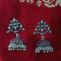 E0615_Lovely German Silver oxidized crafted jumkas with flower and leaf design with a touch of beads (ear drop hangings).