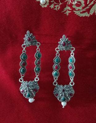 E0616_Lovely German Silver oxidized crafted danglers with flower design with a touch of pearls(long hangings).