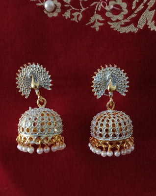 E0617_Lovely German Silver oxidized crafted jumkas with peacock design with a touch of pearls(medium size hangings).