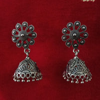 E0618_Lovely German Silver oxidized crafted jumkas with flower design with a touch of bead drops(ear drop hangings).