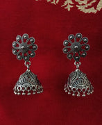 E0618_Lovely German Silver oxidized crafted jumkas with flower design with a touch of bead drops(ear drop hangings).