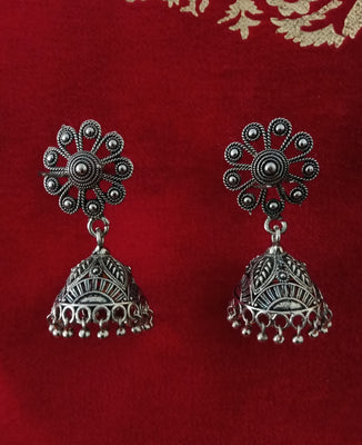 E0618_Lovely German Silver oxidized crafted jumkas with flower design with a touch of bead drops(ear drop hangings).