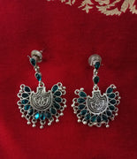 E0620_Lovely German Silver oxidized crafted danglers with beautiful design studded with blue stones along with a touch of black stones & bead drops(Medium size).