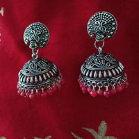 E0622_Classy German Silver oxidized crafted jumkas with beautiful design along with pink bead drops (Medium size).