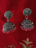 E0622_Classy German Silver oxidized crafted jumkas with beautiful design along with pink bead drops (Medium size).