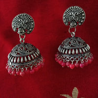 E0622_Classy German Silver oxidized crafted jumkas with beautiful design along with pink bead drops (Medium size).