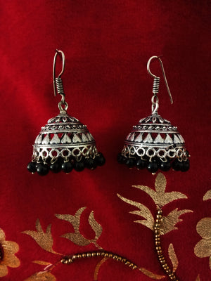 E0623_Classy German Silver oxidized crafted jumkas along with black bead drops (Medium size).