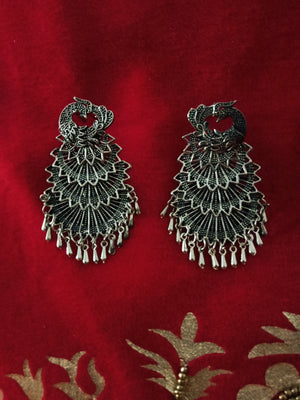 E0625_Grand German Silver oxidized crafted danglers with peacock design along with bead drops (Medium size)