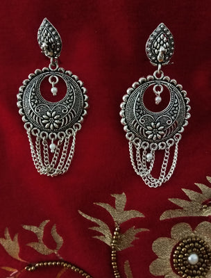 E0626_Grand German Silver oxidized crafted danglers with delicate design along with chain drops (long hanging)