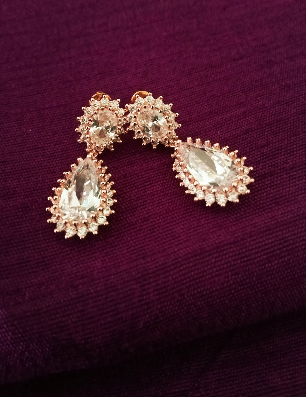 E0622_Elegant Rose Gold American Diamond ear drop hanging with delicate work.
