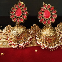 E0110_Gorgeous Meenakari jumka studded with semi precious red stones and small beads.