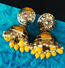E020_Glossy golden colored high quality & light weight large jumka earring with delicate work of yellow colored beads and  Meenakari work.