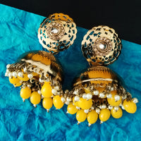 E020_Glossy golden colored high quality & light weight large jumka earring with delicate work of yellow colored beads and  Meenakari work.