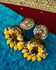 E020_Glossy golden colored high quality & light weight large jumka earring with delicate work of yellow colored beads and  Meenakari work.