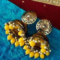 E020_Glossy golden colored high quality & light weight large jumka earring with delicate work of yellow colored beads and  Meenakari work.