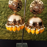 E020_Glossy golden colored high quality & light weight large jumka earring with delicate work of yellow colored beads and  Meenakari work.