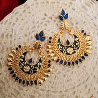 E0637_Golden crafted circular danglers with delicate designs with a touch of blue stones.