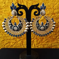 E0637_Golden crafted circular danglers with delicate designs with a touch of blue stones.