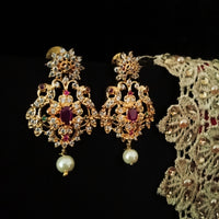 E0642_Gorgeous crafted earrings with delicate work of peacock design studded with american diamond stones with a touch of pink stones.