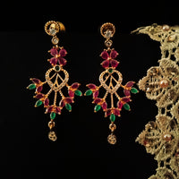 E0644_Gorgeous flower design danglers studded with american diamond stones with a touch of green and pink ruby stones.