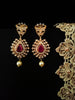 E0647_Gorgeous crafted design danglers studded with american diamond stones with a touch of pink ruby stones with a pearl drop.