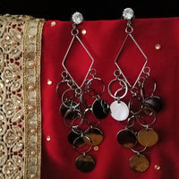 E0649_Trendy designer diamond shaped danglers with a touch of shiny disc shaped ring patterns & stone work.